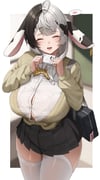 1girl absurdres ahoge animal_ears baejjal_(vtuber) bag black_hair black_skirt blush border bow bowtie breasts brown_cardigan button_gap cardigan cleavage closed_eyes commentary cow_ears cowboy_shot diagonal-striped_bow diagonal-striped_bowtie diagonal-striped_clothes highres holding holding_id_card huge_breasts id_card indie_virtual_youtuber multicolored_hair open_mouth pleated_skirt school_bag second-party_source shirt shoulder_bag skirt solo spoken_blush standing striped_bow striped_bowtie striped_clothes sweatdrop tachibana-san thighhighs two-tone_hair virtual_youtuber white_border white_hair white_shirt white_thighhighs yellow_bow yellow_bowtie rating:s score:6 post #10173030
