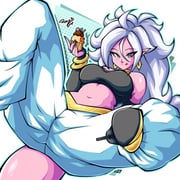 1girl absurdres android_21 black_tube_top blue_eyes breasts choker colored_skin commentary cupcake dragon_ball dragon_ball_fighterz earrings english_commentary food harem_pants high_heels highres holding holding_food hoop_earrings jewelry licking_lips light_persona long_hair looking_at_viewer majin_android_21 midriff navel pants pink_skin pointy_ears rotze signature solo strapless tail tongue tongue_out tube_top white_hair yellow_choker rating:s score:7 post #10113800