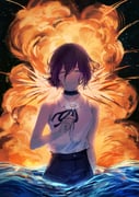 1girl black_choker black_ribbon black_shorts chainsaw_man choker closed_mouth explosion explosion_background flower green_eyes hair_bun highres holding holding_flower neck_ribbon night ocean outdoors purple_hair reze_(chainsaw_man) ribbon shirt shirt_tucked_in shorts solo wading water white_flower white_shirt yuuk_0416 rating:g score:3 post #10170415
