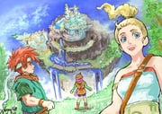 1boy 2girls artist_name bag bare_shoulders black_shorts blonde_hair blue_eyes boots breasts brown_boots chrono_trigger crono_(chrono_trigger) floating_island green_shirt green_tunic headband helmet holding holding_sword holding_weapon long_hair lucca_ashtear marle_(chrono_trigger) medium_breasts multiple_girls naga160oji necktie open_mouth orange_necktie orange_tunic outdoors parted_bangs ponytail purple_hair red_hair romper shirt short_hair shorts shoulder_bag smile spiked_hair sword tunic upper_body water waterfall weapon white_headband white_romper rating:g score:1 post #10175033