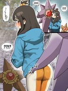 ! !? 1girl 2koma ? absurdres ass black_hair blue_jacket blush brown_eyes chroong cigarette comic cube_hair_ornament grabbing_another's_ass groping hair_ornament highres holding holding_cigarette hood hooded_jacket jacket lida_(pokemon) looking_back mega_starmie pants pokemon pokemon_(creature) pokemon_legends:_z-a pokephilia smoking spoken_exclamation_mark spoken_question_mark starmie staryu sweatdrop tight_clothes tight_pants rating:s score:29 post #10167024