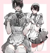 1boy absurdres apron black_hair chainsaw_man crossdressing crossdressing_(mtf) embarrassed gloves heart higashiyama_nobana highres imamiya_pinoko maid maid_apron maid_headdress male_focus male_maid short_hair simple_background sketch smile solo speech_bubble thighhighs trap white_gloves rating:s score:3 post #9906159