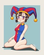 1girl absurdres between_legs black_hair blue_eyes blush_stickers breasts collared_leotard commentary english_commentary full_body hand_between_legs hat highres i.ruean jester_cap leotard medium_breasts multicolored_eyes multicolored_leotard petite pomni_(the_amazing_digital_circus) red_eyes signature sitting solo striped_hat the_amazing_digital_circus two-tone_eyes two-tone_hat two-tone_leotard wariza rating:g score:3 post #10170792