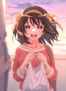 1girl 1other :d absurdres bag breasts brown_eyes brown_hair collarbone commentary_request door hair_ribbon hairband highres holding holding_bag long_sleeves looking_at_viewer medium_hair open_mouth plastic_bag pov pov_hands red_shirt ribbon shirt smile solo_focus suzumiya_haruhi suzumiya_haruhi_no_yuuutsu taiki_(6240taiki) teeth textless_version tongue upper_teeth_only yellow_hairband yellow_ribbon rating:g score:18 post #7945700