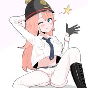 1girl ;p absurdres arm_behind_head azur_lane black_boots black_gloves black_hat black_necktie blue_eyes boots breast_pocket collared_shirt commentary_request cropped_shirt custodian_helmet gallant_(azur_lane) gloves ha=thu hat helmet highres long_hair long_sleeves looking_at_viewer midriff navel necktie one_eye_closed pants pink_hair pocket police_hat shirt solo star_(symbol) stomach sweatdrop swept_bangs tongue tongue_out white_pants white_shirt rating:s score:8 post #9375207