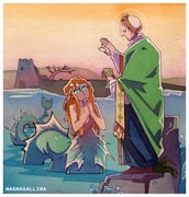 1boy 1girl bare_tree battlement blue_eyes blue_robe border bread brendan_the_navigator building chalice christian_mythology clam_shell closed_eyes commentary cross cross_print cup eucharist evening fins fish_tail flatbread food full_body halo hat highres hill holding holding_cup holding_food latin_cross long_hair long_sleeves looking_at_another magnagallina mermaid monster_girl on_rock orange_hair orange_sky original outdoors own_hands_together paper_texture priest real_life robe rock sky standing stole string_of_pearls tail tower tree twitter_username vestments water white_border white_hat zucchetto rating:s score:11 post #9413179