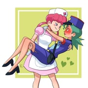 2girls andreadarcyart blue_eyes blush carrying carrying_person gloves green_hair hat highres jenny_(pokemon) joy_(pokemon) multiple_girls nurse nurse_cap pink_hair pokemon pokemon_(anime) police police_uniform policewoman princess_carry purple_hat purple_shirt purple_skirt shirt skirt smile rating:s score:2 post #10174686
