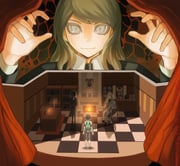 1girl 3boys absurdres black_hair blonde_hair blue_eyes candle candlelight cane checkered_floor chiro_(12293211) commentary_request copyright_name curtains demi-fiend diorama dress fire fireplace formal_clothes full-body_tattoo funeral_dress funeral_veil giant giant_male hands_up highres lady_in_black long_hair looking_at_viewer lucifer_(megami_tensei) mini_person multiple_boys red_background shadow shin_megami_tensei shin_megami_tensei_iii:_nocturne short_hair smile suit tattoo topless_male veil wheelchair rating:g score:3 post #9963549