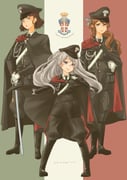 3girls absurdres aiguillette alternate_costume black_boots black_cape black_jacket black_necktie black_pants boots brown_eyes brown_hair cape collared_shirt conte_di_cavour_(kancolle) emblem eyewear_strap flag_background full_body gloves grey_hair hair_over_shoulder hashtag-only_commentary hat highres italian_flag jacket kantai_collection littorio_(kancolle) long_hair long_sleeves looking_at_viewer military_hat military_jacket military_uniform multiple_girls necktie pants peaked_cap pince-nez pot-de roma_(kancolle) sash shirt short_hair standing sword twitter_username two_side_up weapon white_gloves white_shirt rating:g score:15 post #9296656