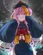 1girl absurdres blue_fire blush breasts cowboy_shot doro_(nikke) dorothy_(nikke) fire goddess_of_victory:_nikke hair_bun hands_up hat highres jiangshi jiangshi_costume kiki_(akasaka0818) large_breasts licking_lips looking_at_viewer moon ofuda pink_hair purple_hair purple_ribbon qingdai_guanmao raised_eyebrows ribbon signature single_side_bun solo standing sweat tongue tongue_out rating:g score:15 post #10166651