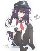 1girl akatsuki_(kancolle) anchor_symbol artist_name black_hair black_pantyhose black_sailor_collar blush commentary_request core_(mayomayo) dated flat_cap hat highres kantai_collection long_hair long_sleeves looking_at_viewer neckerchief pantyhose pleated_skirt purple_eyes purple_hair red_neckerchief sailor_collar school_uniform serafuku sitting skirt smile white_background rating:g score:5 post #10159507