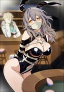 1boy 1girl absurdres animal_ears arms_behind_back aventurine_(honkai:_star_rail) bare_shoulders bdsm bondage bound breast_bondage breasts cleavage cloth_gag clothing_cutout commentary crotch_rope english_commentary gag gagged grey_hair highres honkai:_star_rail honkai_(series) improvised_gag large_breasts long_hair over_the_mouth_gag playboy_bunny rabbit_ears shibari shibari_over_clothes shrug_(clothing) skindentation standing stelle_(honkai:_star_rail) stomach_cutout tiedtiki trailblazer_(honkai:_star_rail) yellow_eyes rating:q score:17 post #10054012