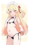 1girl bikini blonde_hair bow bowtie breasts cocozasa detached_collar frills hair_ornament hair_ribbon hairclip highres hololive hololive_dev_is long_hair maid_headdress micro_bikini musical_note musical_note_hair_ornament navel one_side_up open_mouth orange_eyes otonose_kanade ribbon small_breasts smile smug solo stomach string_bikini swimsuit virtual_youtuber wrist_cuffs rating:s score:30 post #10168733