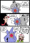 !? 2girls 3koma black_eyes brown_hair comic commentary dry_humping english_text green_jacket harmony_(pokemon) hat heart humping jacket looking_at_another mega_starmie meme mother_(series) multiple_girls open_clothes open_jacket open_mouth ora_ora_get_pregnant_(meme) pokemon pokemon_legends:_z-a shirt speech_bubble starman_(mother) starmie sweatdrop teeth tongue upper_teeth_only wanderjegson white_hat white_shirt rating:s score:3 post #10175716
