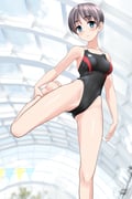 1girl absurdres black_one-piece_swimsuit blue_eyes breasts commentary_request competition_swimsuit covered_navel feet_out_of_frame foot_up glass_ceiling grey_hair highleg highleg_one-piece_swimsuit highres leg_lift looking_at_viewer medium_breasts multicolored_swimsuit one-piece_swimsuit original short_hair solo stretching string_of_flags swimsuit takafumi variant_set rating:s score:0 post #10174094