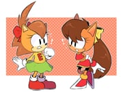 ! 2girls amy_rose amy_rose_(manga) animal_ears animal_nose arms_behind_back bare_shoulders bike_shorts black_eyes blouse blush body_fur border bow brown_hair checkered_background child clenched_hand clothes_writing commentary crop_top crop_top_overhang eye_contact folded_ponytail full_body furry furry_female gloves green_skirt hair_bow hand_up happy heel_up highres holding_own_arm leaning_forward light_blush long_hair long_sleeves looking_at_another midriff miniskirt multiple_girls notice_lines open_mouth orange_fur outline outside_border ponytail red_background red_bow red_shirt red_shoes red_skirt shirt shoes short_hair sideways_mouth simple_background skirt sleeveless sleeveless_shirt smile socks sonic_(series) sonic_the_hedgehog_(classic) sonic_the_hedgehog_(manga) sonic_x-treme standing stellarspin sweater symbol-only_commentary tiara_boobowski two-tone_fur very_long_hair white_border white_gloves white_outline white_socks yellow_bow yellow_sweater rating:g score:13 post #5367639