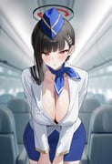 1girl absurdres airplane_interior alternate_costume alternate_hairstyle black_hair black_halo blue_archive blue_ribbon blue_skirt blunt_bangs blurry blurry_background blush breasts character_name choker cleavage commentary cowboy_shot employee_uniform flight_attendant flight_attendant_hat gamtoryy garrison_cap hair_behind_ear hair_ornament hairclip halo hands_on_own_thighs hat highres jacket large_breasts leaning_forward long_hair looking_at_viewer millennium_science_school_logo miniskirt multicolored_halo name_tag pencil_skirt red_eyes ribbon ribbon_choker ringed_eyes rio_(blue_archive) skirt solo sweatdrop travel_attendant two-tone_halo white_jacket rating:s score:346 post #9446498