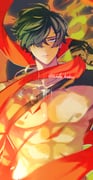 1boy abs arm_up artist_name black_gloves closed_mouth commentary_request cowboy_shot dog_tags fire frown gloves green_eyes hair_over_one_eye highres lighter_(zenless_zone_zero) male_focus nipples nude one_eye_covered parted_bangs pectorals red_scarf sanpaku scarf solo toned toned_male twitter_username zenless_zone_zero zunda_kaku rating:g score:0 post #10168944