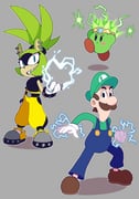 blue_eyes blue_overalls blush_stickers color_connection copy_ability ear_piercing electricity electrokinesis facial_hair furry furry_female gloves green_hat grey_background hat highres kirby kirby_(series) luigi mario_&_luigi_rpg mario_(series) mustache overalls piercing plasma_kirby power_connection skewedcanvas socks sonic_(series) sonic_the_hedgehog_(idw) striped_clothes striped_socks surge_the_tenrec white_gloves rating:g score:4 post #10159498