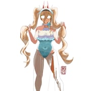 1girl blonde_hair blue_one-piece_swimsuit boji_norn breasts chainsaw_man closed_mouth demon_girl demon_horns ereshkigal_(fate) ereshkigal_(swimsuit_beast)_(fate) fate/grand_order fate_(series) glasses grabbing_own_hair highleg highleg_one-piece_swimsuit highres holding holding_own_hair horns long_hair medium_breasts one-piece_swimsuit power_(chainsaw_man) red_horns sarong see-through_clothes see-through_sarong simple_background solo sweat swimsuit twintails two-tone_one-piece_swimsuit visor_cap white_background white_one-piece_swimsuit rating:s score:21 post #10151627