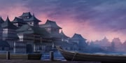 arch architecture boat building east_asian_architecture game_cg highres no_humans official_art outdoors pier purple_sky rope scenery sky third-party_source touhou touhou_lostword tunnel twilight water watercraft rating:g score:4 post #10161284