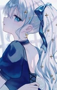 1girl black_choker blue_bow blue_eyes blue_hair bow choker commentary crescent crescent_earrings earrings english_commentary from_behind hair_between_eyes hair_bow hair_ornament highres ilis_0226 jewelry long_hair looking_at_viewer original parted_lips ponytail short_sleeves solo star_(symbol) star_hair_ornament upper_body rating:s score:2 post #10167338