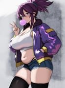 1girl absurdres akali breasts chewing_gum commission cropped_jacket denim denim_shorts highleg highleg_panties highres idol jacket k/da_(league_of_legends) k/da_akali large_breasts league_of_legends midriff mothdropcrowla navel open_clothes panties plump ponytail purple_hair short_shorts shorts solo thighhighs underwear v rating:s score:52 post #10073820