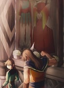 1girl 3boys ancestor_and_descendant aqua_tunic ashlay_(dq10) azir_(dq10) blue_capelet blue_eyes brothers brown_gloves brown_hair can't_choose_your_own_family capelet clenched_hand coat commentary_request corset daffia_(dq10) dragon_quest dragon_quest_x fake_head_wings fingerless_gloves flower gloves green_coat head_out_of_frame head_wings husband_and_wife leone_(dq10) long_hair looking_at_another looking_back multiple_boys muscular muscular_male nanamono_0414 orange_tunic painting_(object) pants parted_lips pillar red_corset red_skirt robe siblings single_head_wing skirt tunic white_pants white_robe wings rating:g score:0 post #9987252