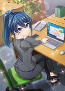 1girl bar_chart black_shoes blue_eyes blue_hair book breasts business_suit chair closed_mouth commentary_request computer computer_mouse crossed_legs dot_nose from_behind graph grey_pants grey_suit high_heels high_ponytail laptop lens_flare looking_at_viewer looking_to_the_side medium_breasts misaki_(project_tokyo_dolls) mole mole_under_eye notepad office_lady official_art on_chair pants pen phone pie_chart pinstripe_pants pinstripe_pattern pinstripe_suit plant ponytail potted_plant project_tokyo_dolls pumps second-party_source shoes short_ponytail sitting smile solo sparkle suit swivel_chair wooden_desk rating:g score:6 post #10161666