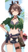 1girl absurdres agnes_tachyon_(lunatic_lab)_(umamusume) agnes_tachyon_(umamusume) animal_ears bikini black_bikini black_gloves black_shorts blush breasts brown_hair fur_trim gloves green_shirt grin hair_between_eyes hand_on_own_hip highres horse_ears horse_girl horse_tail koroeda6 large_breasts looking_at_viewer official_alternate_costume open_clothes open_shorts red_eyes shirt short_hair short_shorts shorts smile solo swimsuit tail tied_shirt umamusume rating:s score:13 post #10172876
