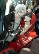 2boys ahoge aohitsugi_samatoki bishounen black_hair black_jacket black_pants blurry blurry_background box cardboard_box chain chain_necklace collarbone depth_of_field ear_piercing earrings eye_contact fangs green_eyes hair_between_eyes hand_on_another's_arm hand_on_another's_neck heterochromia highres hood hood_up hoodie hypnosis_mic jacket jewelry long_sleeves looking_at_another male_focus maosanmu mole mole_under_eye multiple_boys necklace official_alternate_costume open_clothes open_jacket open_mouth outdoors pants parted_lips piercing red_eyes red_hoodie ring shirt short_hair sitting sitting_on_lap sitting_on_person white_hair white_shirt yamada_ichiro yaoi rating:s score:1 post #10174793