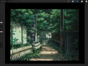 alley art_program_in_frame awoi_(awoiro7) bush dappled_sunlight grass highres no_humans original outdoors path procreate_(medium) procreate_(software) scenery sign sunlight tree utility_pole rating:g score:2 post #10169400