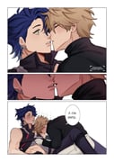 2boys aqua_eyes artist_name bandaged_hand bandages bare_shoulders black_sweater blonde_hair blue_hair blush closed_eyes clothing_cutout comic commentary covered_collarbone earclip english_commentary english_text gepard_landau grabbing grey_hair grey_tank_top hair_between_eyes hair_over_one_eye hands_up highres honkai:_star_rail honkai_(series) imminent_kiss lips long_sleeves looking_afar looking_at_another male_focus moscheeks multicolored_hair multiple_boys open_mouth pants purple_pants sampo_koski short_hair simple_background sitting speech_bubble sweater tank_top teeth two-tone_hair watermark white_background white_pants yaoi rating:s score:0 post #7825888