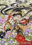 bird black_kimono blush_(makeup) comb floral_print floral_print_kimono floral_print_sleeves flower furisode geisha hair_ornament highres japanese_clothes kanzashi kimono kunai long_hair looking_at_viewer marumage nihongami original print_kimono purple_flower red_kimono very_long_hair weapon white_flower yumeko_(yumeyana_g) rating:g score:0 post #10167430