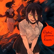 1girl absurdres apron ass black_apron black_choker black_hair black_skirt bomb_devil_(chainsaw_man) chainsaw_man choker english_commentary green_eyes grey_shirt hair_bun highres looking_at_viewer object_head open_mouth pk_draws_40 reze_(chainsaw_man) shirt skirt speech_bubble teeth rating:q score:3 post #10176969