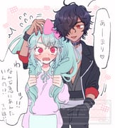 1boy 1girl black_jacket blue_hair bow dark-skinned_male dark_skin drill_hair flustered hair_over_one_eye hood hoodie idol_land_pripara jacket katasumi_amari long_hair long_sleeves mario_(pripara) nikomi_tsumo one_eye_covered open_mouth pink_bow pink_eyes pretty_series pripara purple_hoodie red_eyes short_hair standing sweatdrop twin_drills twintails rating:g score:1 post #10175373