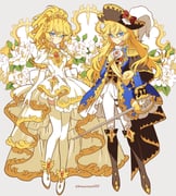 2girls black_bow blonde_hair blue_coat blue_eyes blush boots bow brown_hat closed_mouth coat dress floating_hair full_body gem grey_background hair_between_eyes hat high-low_skirt highres holding holding_sword holding_weapon knee_boots layered_dress long_hair long_sleeves meremero multiple_girls oscar_francois_de_jarjayes pants rapier red_gemstone sleeves_past_wrists sword thighhighs twitter_username versailles_no_bara very_long_hair weapon white_dress white_pants white_thighhighs rating:g score:3 post #10123302