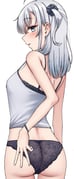 1girl absurdres ass black_bra black_panties bra camisole commentary_request grey_eyes highres kantai_collection kiritto long_hair looking_at_viewer looking_back one_side_up panties simple_background solo suzutsuki_(kancolle) underwear w white_background white_camisole rating:s score:25 post #10085347