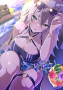 1girl adjusting_eyewear alternate_costume animal_ear_piercing animal_ears bikini black_bikini black_nails blush bracelet breasts cleavage collarbone commentary_request drink drinking_straw floral_print flower grey_eyes grey_hair hibiscus highres hololive jewelry large_breasts lion_ears long_hair looking_at_viewer mashiron_(mashiron8) pink_flower purple_flower shishiro_botan skindentation solo ssrb_(shishiro_botan) sunglasses swimsuit thick_thighs thigh_strap thighs virtual_youtuber yellow-framed_eyewear rating:s score:29 post #10164814