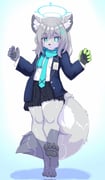 1girl animal_ear_fluff animal_ears animal_feet animal_hands animal_nose barefoot black_skirt blue_archive blue_eyes blue_halo blue_jacket blue_necktie blue_scarf bright_pupils commentary corrupted_twitter_file cross cross_hair_ornament full_body furrification furry furry_female gloves green_gloves grey_fur grey_hair hair_ornament halo highres inverted_cross jacket layered_sleeves medium_hair miniskirt mismatched_pupils necktie ooba_jun open_mouth pleated_skirt scarf school_uniform shiroko_(blue_archive) shirt single_glove skirt solo tail white_pupils white_shirt wolf_ears wolf_girl wolf_tail rating:s score:5 post #10165278