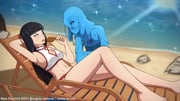 2girls absurdres arm_behind_head barefoot beach beach_chair bikini black_hair blue_eyes blue_skin breasts cendaran cleavage cleavage_cutout clothing_cutout colored_skin eating food highres hime_cut holding holding_food holding_popsicle leaning_back licking_lips long_hair maia_starchild monster monster_girl multicolored_hair multiple_girls one_eye_closed open_mouth popsicle popsicle_stick reclining rime_desophine self-upload sienna_harris slime_girl slime_hair staring swimsuit tongue tongue_out white_hair yellow_eyes rating:g score:2 post #10174278