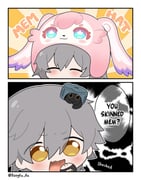 1boy 1girl 2koma artist_name black_background black_gloves blush border caelus_(honkai:_star_rail) cake_cat_(honkai:_star_rail) character_hat closed_eyes comic dual_persona english_commentary english_text fingerless_gloves fizzyfiz-fiz gloves grey_hair hair_between_eyes hand_on_own_face hand_up hat highres honkai:_star_rail honkai_(series) looking_at_another mem_(honkai:_star_rail) mini_hat no_mouth open_mouth short_hair speech_bubble stelle_(honkai:_star_rail) striped_background trailblazer_(honkai:_star_rail) trailblazer_(trash_cake)_(honkai:_star_rail) v-shaped_eyebrows white_border yellow_background yellow_eyes rating:g score:1 post #10174778