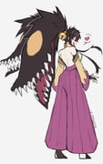 1girl :d backless_outfit bare_back bare_shoulders bell black_hair breasts commentary detached_sleeves fang from_behind full_body grey_background hair_bell hair_ornament hakama heart highres japanese_clothes jingle_bell long_sleeves looking_at_viewer looking_back mawile open_mouth personification pokemon purple_hakama qdphattie red_eyes sidelocks simple_background smile solo standing symbol-only_commentary rating:s score:8 post #10175157