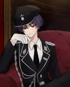 1boy aiguillette arm_at_side belt black_belt black_hat black_jacket black_necktie black_pants black_sleeves collared_shirt couch dress_shirt epaulettes eyeliner eyeshadow field_cap genshin_impact gloves hand_up hat highres jacket lapels long_sleeves looking_down m43_field_cap makeup male_focus military_hat military_uniform necktie on_couch pants parted_lips partially_shaded_face purple_eyes purple_hair red_eyeliner red_eyeshadow scaramouche_(genshin_impact) shirt silver_trim sitting smile solo suit_jacket twitter_username upper_body white_gloves white_shirt window yuii_03 rating:g score:3 post #8281571