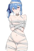 bandages black_choker blue_eyes blue_hair blush breasts choker clenched_teeth collarbone crossed_arms halloween_costume highres holding_own_arm hololive hoshimachi_suisei looking_at_viewer mummy_costume navel sakiya_(sak1_01) scowl side_ponytail simple_background small_breasts star_(symbol) star_choker star_in_eye stomach sweat symbol_in_eye teeth v-shaped_eyebrows virtual_youtuber white_background rating:q score:18 post #10171994