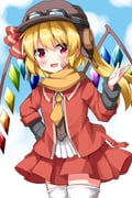 1girl :d alternate_costume ascot aviator_cap bandaid bandaid_on_face blonde_hair blue_sky blush brown_hat commentary_request cowboy_shot crystal crystal_wings eyewear_on_head flandre_scarlet hair_ribbon hat highres jacket long_hair long_sleeves looking_at_viewer necktie one_side_up open_mouth outdoors red_eyes red_jacket red_ribbon red_skirt ribbon ruu_(tksymkw) scarf side_ponytail skirt sky smile solo thighhighs touhou white_thighhighs wings yellow_ascot yellow_necktie yellow_scarf rating:g score:6 post #10137029