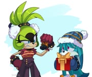 1boy 1girl absurdres alternate_costume animal_ears aqua_fur black_pants blue_eyes blue_gloves blue_hat brown_gloves clenched_hand earmuffs furry furry_female furry_male gift gloves green_fur hat highres hikariviny holding holding_gift kitsunami_the_fennec looking_at_another pants purple_eyes sonic_(series) sonic_the_hedgehog_(idw) surge_the_tenrec tail rating:g score:0 post #10157850