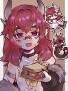 1boy apron artist_request character_request chibi chibi_inset chicken_(food) collar copyright_request demon_horns dragon earrings food fur_trim highres holding holding_food horns jewelry long_hair male_focus multiple_views nail_polish non-web_source pale_skin pink_eyes pointy_ears red_hair sandwich scar scar_on_face simple_background trap upper_body rating:g score:4 post #10162669