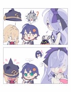 ! ... 1other 2koma 3girls ? bangboo_(zenless_zone_zero) belle_(zenless_zone_zero) black_helmet black_shirt blank_eyes blonde_hair blue_hair blush bow bowtie caesar_king_(zenless_zone_zero) chef_hat closed_eyes closed_mouth combat_helmet comic commentary_request covering_own_mouth drill_hair earrings embarrassed green_eyes green_hair hair_ornament hairband hairpin hat helmet highres jacket jewelry letter_hair_ornament long_hair looking_at_another luciana_de_montefio mask mask_around_neck mole mole_under_eye multiple_girls notepad palms_together pen pickelhaube pointy_ears purple_bow purple_bowtie purple_hair purple_hairband ranta000 respirator shirt short_hair spoken_exclamation_mark vivian_banshee white_background zenless_zone_zero rating:g score:8 post #10119591