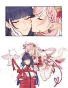 2girls braid braided_bangs breasts cleavage closed_eyes closed_mouth dress earrings elysia_(hi_love_elf)_(honkai_impact) elysia_(honkai_impact) heart heart_earrings highres honkai_(series) honkai_impact_3rd jewelry kiss kissing_cheek large_breasts long_hair maiqo multiple_girls open_mouth pink_hair pointy_ears purple_hair raiden_mei raiden_mei_(apho) shirt smile sweatdrop thighhighs very_long_hair white_dress white_shirt white_thighhighs wrapped_up yuri rating:s score:8 post #10175765